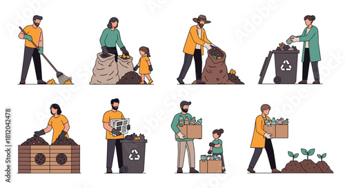 People cleaning up and recycling various waste materials.