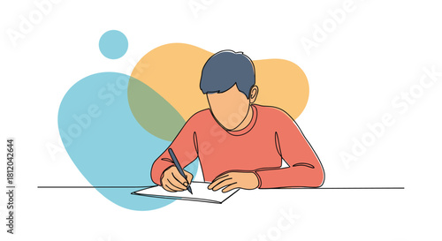 A person wearing a coral long-sleeved shirt sits at a desk, writing on a piece of paper with a pen.