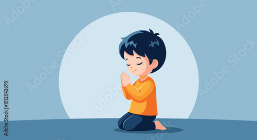 Cartoon boy kneeling and praying with eyes closed in front of a soft light backdrop.