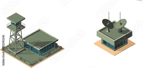 Isometric 3d illustration of communication buildings with satellite antennas and observation tower, modern technology infrastructure and network connection concept