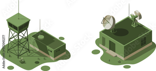 Isometric 3d illustration of communication buildings with satellite antennas and observation tower, modern technology infrastructure and network connection concept