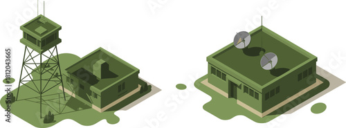 Isometric 3d illustration of communication buildings with satellite antennas and observation tower, modern technology infrastructure and network connection concept