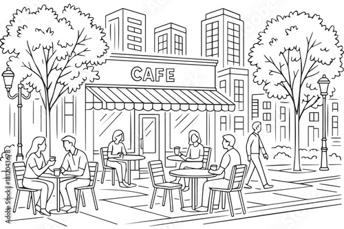 A black and white line drawing depicts people sitting at tables outside a cafe, enjoying drinks and conversation on a city street.