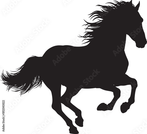 Detailed Galloping Horse Silhouette — High-Contrast Black and White Photorealistic Illustration
