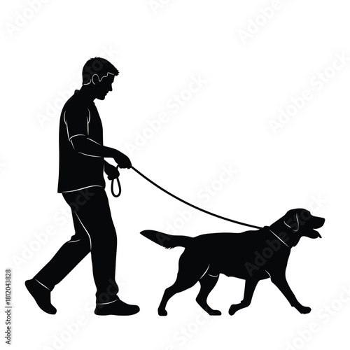 Man Walking Dog on Leash Silhouette vector illustration
