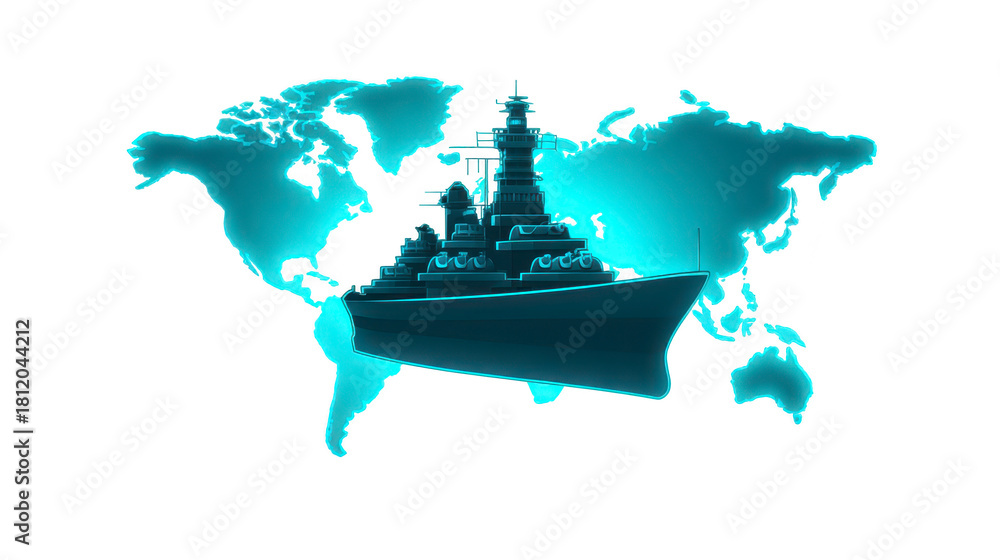 Obraz premium Battleship silhouette with glowing blue world map background, symbolizing global naval power, military strategy, and maritime security, with futuristic and dramatic atmosphere