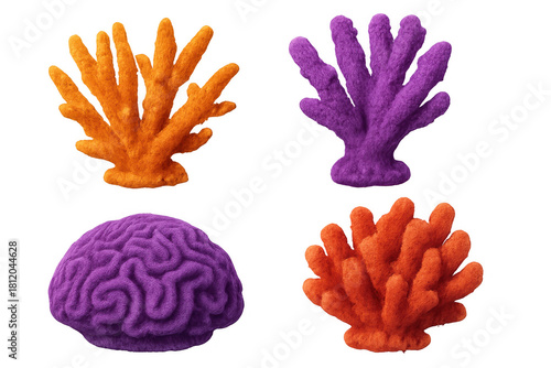 Fototapeta Naklejka Na Ścianę i Meble -  Colorful coral reef elements set with branching and brain corals in purple and orange on transparent background