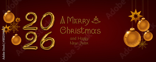Merry Christmas and Happy New Year 2026 Banner on red background.