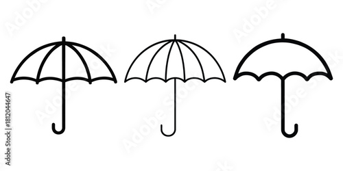 A set of three different outline umbrella icons, representing rain protection, weather, or fragile item care. The simple black and white graphic design is suitable for various applications.