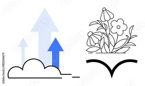 Arrows rising from clouds symbolize progress while blooming flowers represent creativity and growth. Ideal for success, innovation, education, sustainability, inspiration, motivation, simple flat