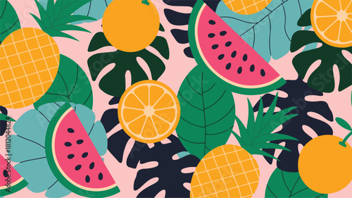 Fruit seamless pattern with watermelon orange apple pineapple and other fresh fruits vector illustration