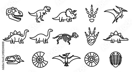 Doodle-style icon set of prehistoric dinosaurs, fossils, and skeletons in bold black line art.