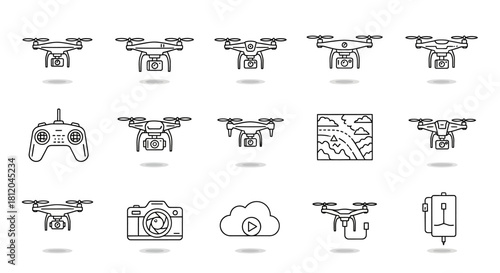 Drone Icons Set - Aerial Vehicle, Remote Control, Camera, Cloud, Battery, and Map.