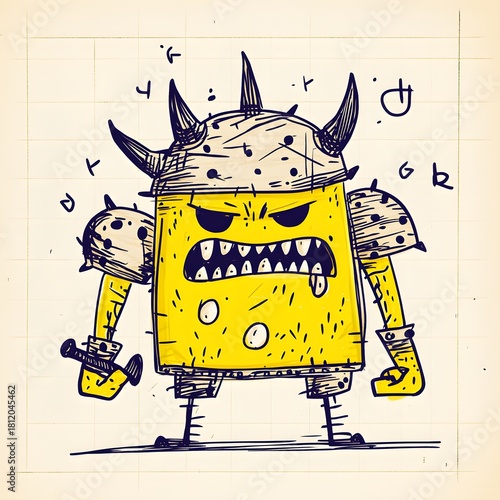Hand drawn cartoon monster character illustration rendered with rough yellow coloring on gridded paper texture
