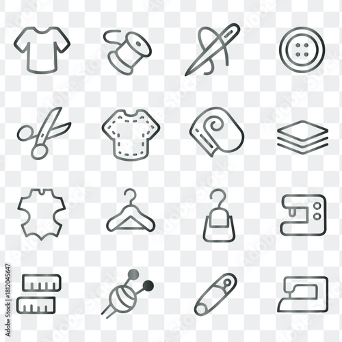 Sewing tailoring needlework dressmaking fashion textile outline vector icons set illustration graphic collection