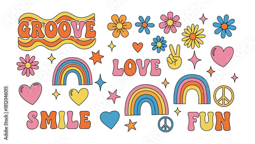 Retro Elements: Groovy elements like rainbows, hearts, peace signs, and stars bring a wave of color and retro fun, perfect for designs that evoke joy, love, and a touch of nostalgia.