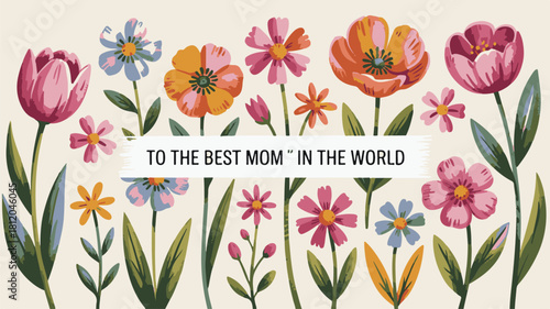 Spring tulip garden with pink flowers and green leaves vector illustration