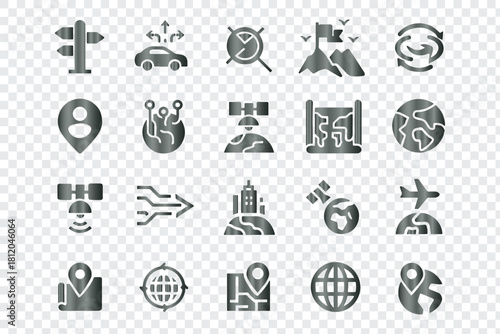 Grey gradient navigation mapping GPS location travel technology vector icons set illustration graphic collection
