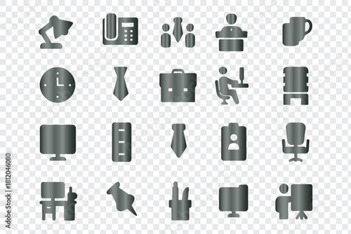 Grayscale vector icons for office furniture, business equipment, and workplace elements