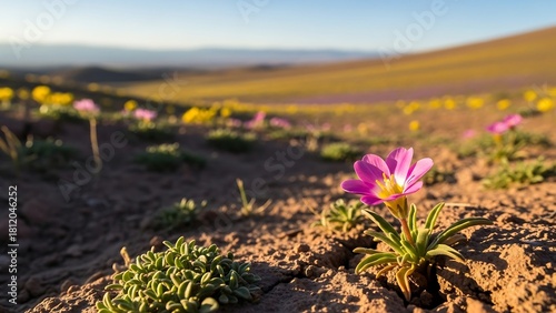 Delicate Purple Flowers Bloom in Arid Desert Landscape at Sunset.