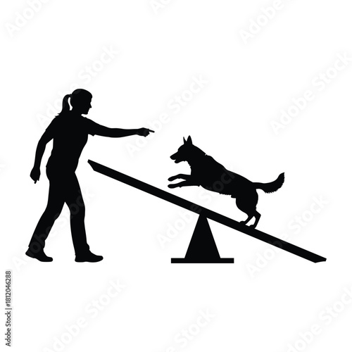 Silhouette of Woman Training Dog on a Seesaw dog training agility
