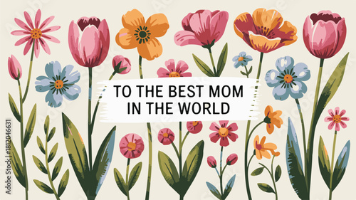 Spring tulip garden with pink flowers and green leaves vector illustration