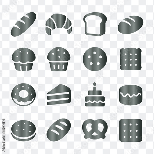 Grey gradient bakery dessert food snack outline vector icons set illustration
