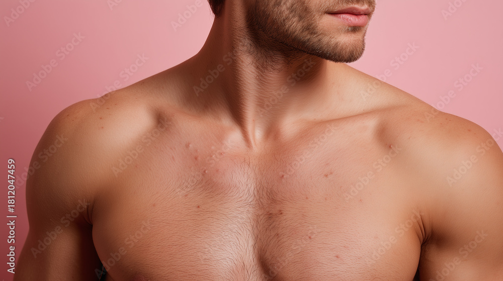 Fototapeta premium Male torso with visible small inflamed pores, mild chest acne, and natural skin texture against pink background, showing healthy yet realistic appearance