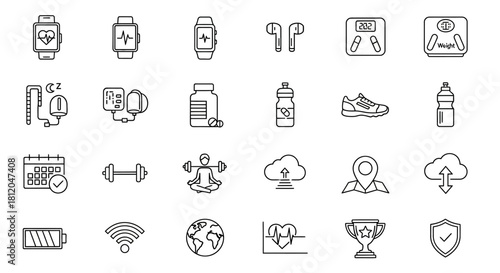 Fitness and Health Icons - Smartwatch, Headphones, Dumbbell, Water Bottle, and More.