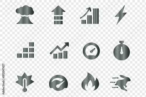 Grey gradient performance speed power growth impact outline vector icons set illustration graphic