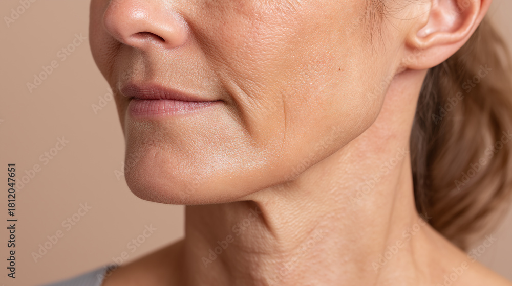 Obraz premium Close up of mature woman jawline with visible skin texture, fine lines, and natural aging, showing healthy complexion and subtle smile in neutral background
