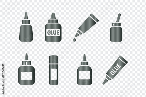 Grey gradient glue bottle tube application construction repair outline vector icons set