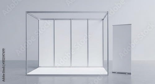 Minimalist Trade Show Booth with Display Stand Mockup.