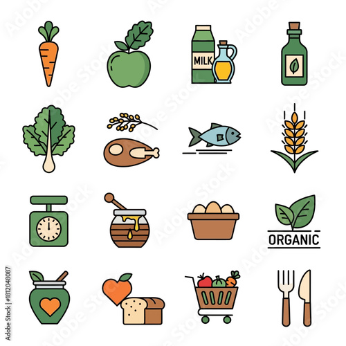 Food Icons - Carrot, Apple, Milk, Oil, Lettuce, Chicken, Fish, Wheat, Scale, Honey, Eggs, and More.