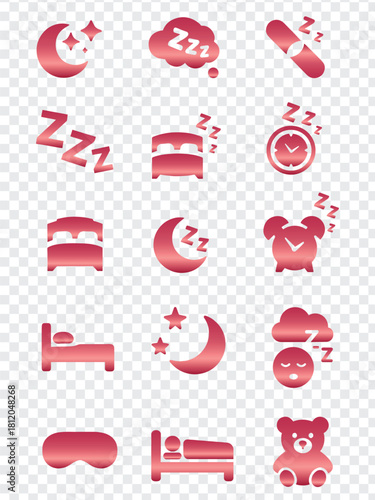 Red gradient sleep night rest bedtime outline icons set vector illustration design