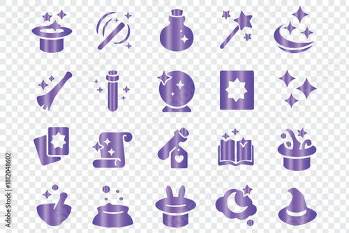 Purple magic spell wizard halloween vector icons set illustration graphic collection