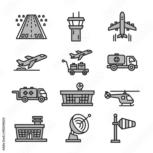 Grayscale airport and aviation icon set featuring runway, control tower, airplane, and vehicles in a filled outline style.