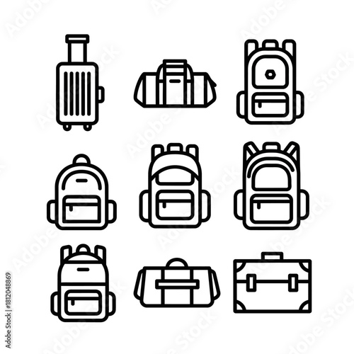 Diverse Travel Bags and Luggage Outline Icons Collection.