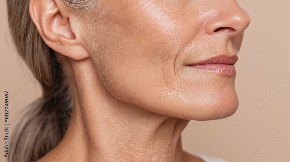 Fototapeta premium Mature woman jawline close up showing smooth skin, natural aging, fine lines, and healthy complexion, highlighting facial structure and subtle expression of confidence