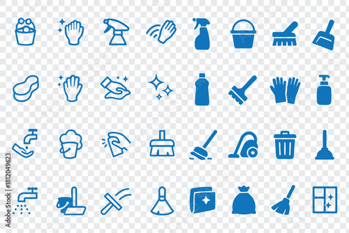Blue cleaning services supplies tools household outline vector icons set illustration