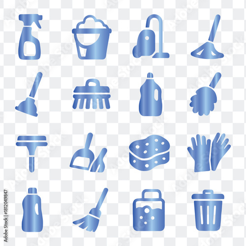 Blue cleaning services supplies tools household outline vector icons set illustration