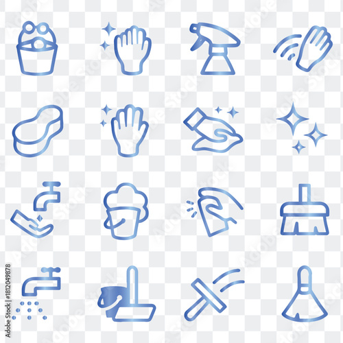 Blue cleaning services supplies tools household outline vector icons set illustration