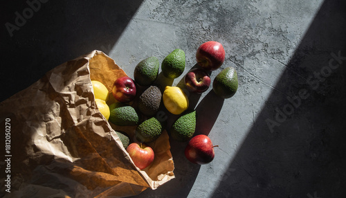 Bild auf Leinwand Fresh Produce Flat Lay: Avocados, Lemons, and Apples Spilling from a Paper Bag