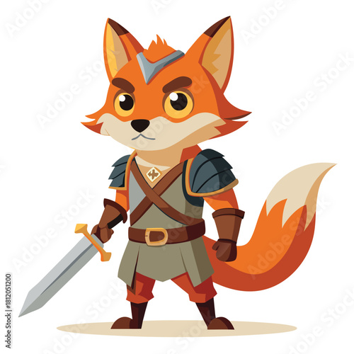 A charming cartoon fox knight stands prepared with sword and armor