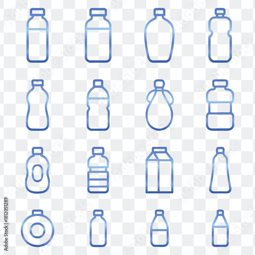Blue outline plastic glass water milk drink bottle containers icons set vector