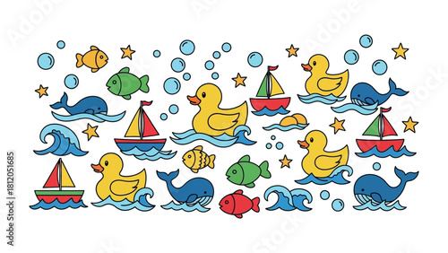 Floating toys for Children: A whimsical scene of playful toys floats amidst the water with playful fishes, duck, sailboat, whales, bubbles and stars, creating a joyful, nautical, childlike experience.