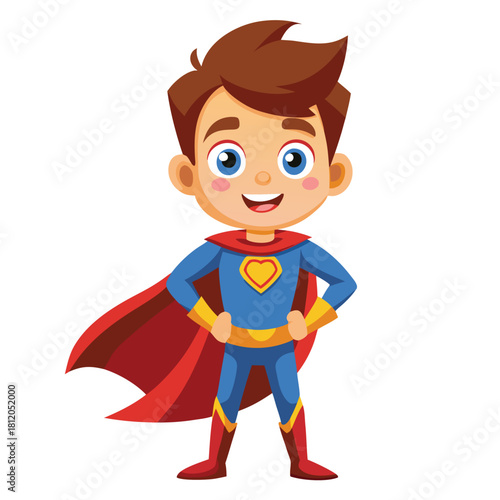 A cheerful young boy dressed as a superhero with a red cape