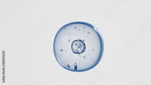 3D Transparent Cell fill with Air Bubbles and Orbiting Spheres on Clear White Background