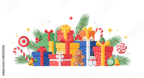 Joyful pile of festive holiday gifts, beautifully wrapped, adorned with fir branches, candy canes, gingerbread man, and a snowman, perfect for winter celebrations