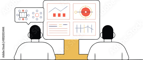 Data Visualization: Two professionals intently analyze an array of data, represented through vibrant graphs and charts, offering insights and opportunities for strategic decisions.
